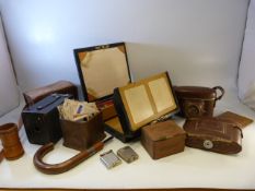 Collection of vintage cameras, vintage boxes and an umbrella handle with silver band