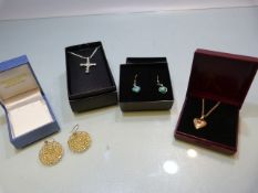 Costume jewellery to include - pair of turquoise set silver earrings, Gold coloured locket on chain,
