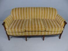 Edwardian Mahogany Sofa with upholstered backs and seats in a Mustard Colour (striped) with