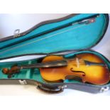 Unmarked violin in fitted case with bow