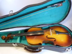 Unmarked violin in fitted case with bow