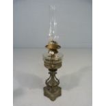 19th Century silver metal oil lamp with Hinks Duplex burner. Clear cut glass well with cast metal