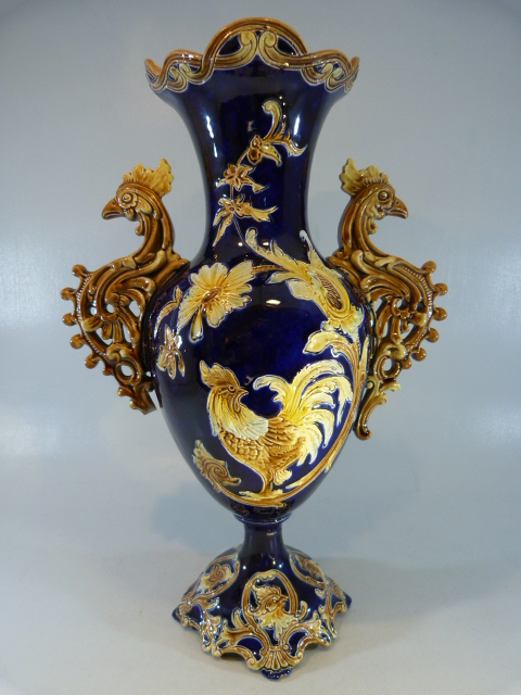 Wilhelm Schiller and Sohn Majolica vase - probably one of two. The twin handles modelled as