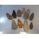 Collection of 10 Flint arrow heads from tribes such as Ashtabula & Odena