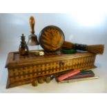 Parquetry box containing seals and lacquered thread box.