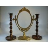Antique brass mirror frame, oak barley twist candlesticks and a wrought iron 19th Century door