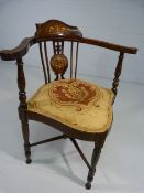 Edwardian inlaid corner chair with turned wooden legs