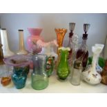Collection of coloured Glassware - Pair of Bohemian decanter, White painted bud vases, pink glass