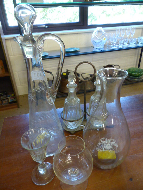 Antique glassware to include a glass claret jug with smooth pontil to base