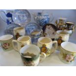 Victorian china - to include a pair of Floral mugs with gilded handles, Blue and white quart ale mug