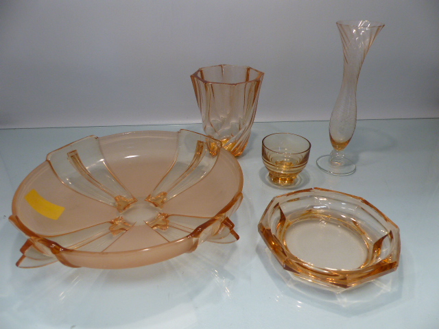 Art Deco peach glassware to include bowl, Ashtray, vase and bud vase.