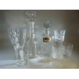 Selection of glassware to include a cut glass decanter with three matching whisky glasses from