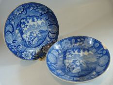 Pearlware - pair of blue and white transfer tea bowls. c.1850's Central panel depicting milkmaid