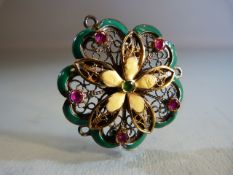 Silver brooch of flower form set with enamel opal panels and semi-precious stones