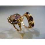 2 x 9ct Vintage Gold rings: (1) 9ct Gold (London 1987) 3 Amethyst and 4 seed pearl ring. size