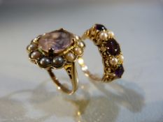 2 x 9ct Vintage Gold rings: (1) 9ct Gold (London 1987) 3 Amethyst and 4 seed pearl ring. size