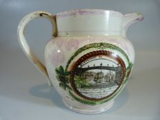 Antique pink Lustre Sunderland jug depicting the South East View of the Iron Bridge over the Wear