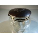 Dressing table pot with Tortoiseshell and hallmarked silver lid. Inlaid with cartouche.