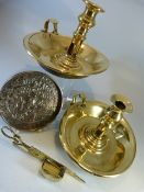 Pair of brass chamber candle holders, candle snuff A/F and a an unusual oriental type wine coaster