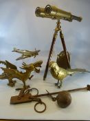 Selection of unusual brass items to include pair of binoculars on stand, plane etc