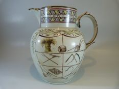 Staffordshire creamware oversized Sunderland style jug decorated with Polychrome colours. The Neck