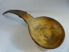 Scottish carved horn ladle / spoon - some damage to handle. Dated to bowl 1847. approx length -