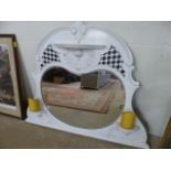 Painted overmantle mirror in the Victorian style with lighting and shelving surrounding