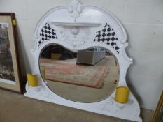 Painted overmantle mirror in the Victorian style with lighting and shelving surrounding