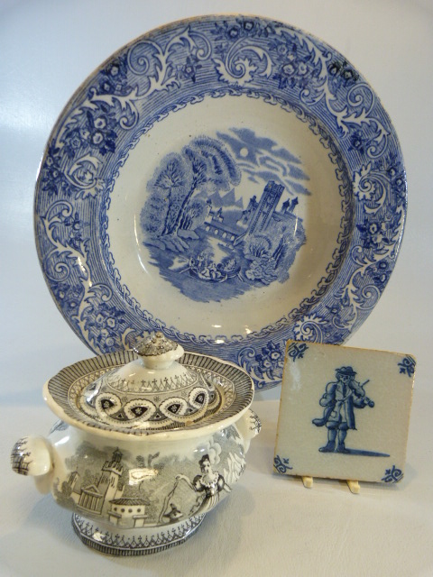 Staffordshire and Collectable pottery to include a creamware Black transfer miniature Tureen and