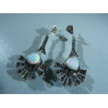Pair of silver marcasite and opal panelled art deco style drop earrings