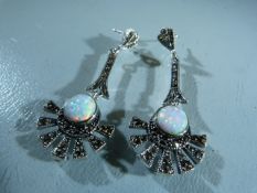 Pair of silver marcasite and opal panelled art deco style drop earrings