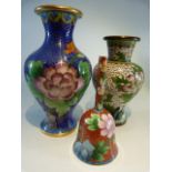 Collection of of blue ground cloisonne vases some with covers. approx 13 pieces