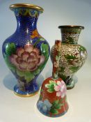 Collection of of blue ground cloisonne vases some with covers. approx 13 pieces