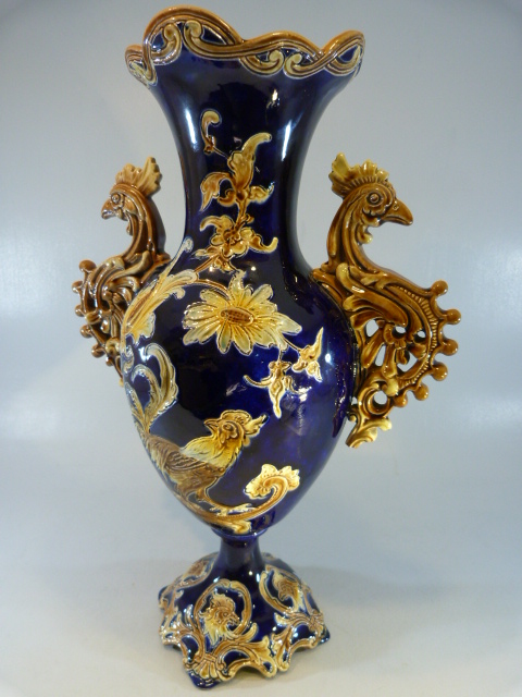 Wilhelm Schiller and Sohn Majolica vase - probably one of two. The twin handles modelled as - Image 3 of 6