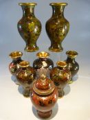 Collection of Oriental Cloisonne in dark ground colours. approx 8 pieces.