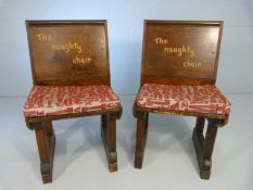 Pair of Unusual plank backed chairs - the backs inscribed 'The Naughty Chair' - bases similar to old