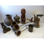 Collection of unusual metalware to include chocolate pots and an oriental type pot raised on