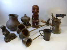 Collection of unusual metalware to include chocolate pots and an oriental type pot raised on