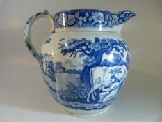 Early 19th Century pearlware blue and white transfer printed staffordshire jug of large form