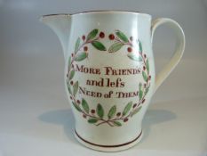 Staffordshire Pratt ware type jug with two panels either side. One side ' Contentments is a constant
