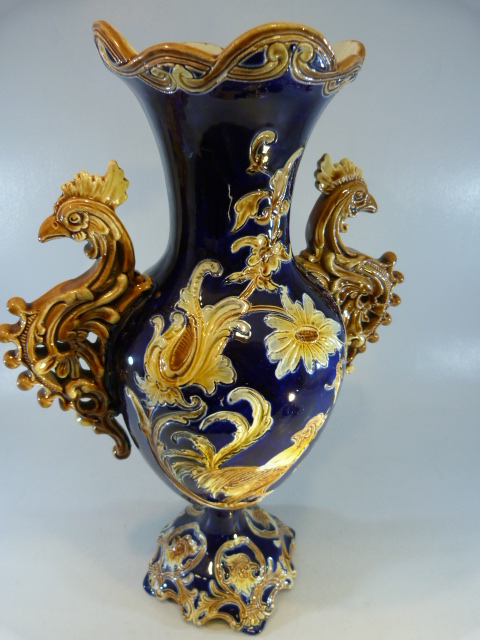 Wilhelm Schiller and Sohn Majolica vase - probably one of two. The twin handles modelled as - Image 6 of 6