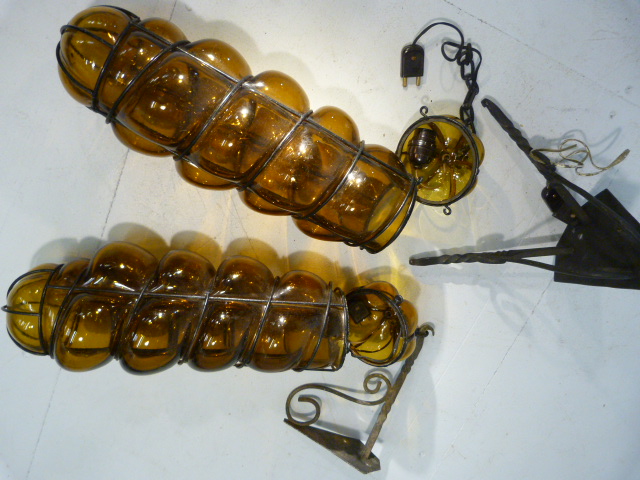 Wall lights - pair of amber twist glass wall lights or to be made into one light fittings . - Image 4 of 6