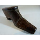Novelty Treen snuff box modelled as a shoe with brass inlay. The opening with sliding action. approx