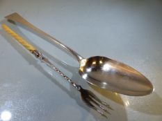 Hallmarked silver Georgian Serving spoon and a Danish silver meat fork with twisted bone handle.