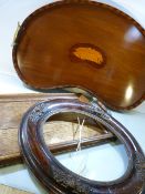 Kidney shaped edwardian serving tray, Oak serving tray and an Antique frame