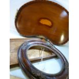 Kidney shaped edwardian serving tray, Oak serving tray and an Antique frame