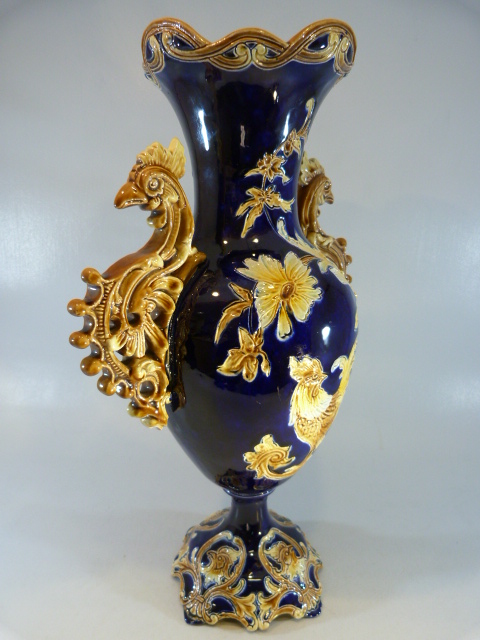 Wilhelm Schiller and Sohn Majolica vase - probably one of two. The twin handles modelled as - Image 2 of 6