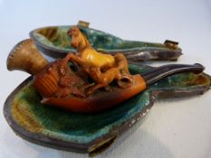 Hunting Interest - Meerschaum pipe with horse and fox running along the stem in original fitted