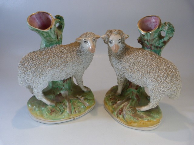 Staffordshire spill early vases - depicting sheep upon a rock. Decorated using pottery chips and - Image 6 of 8