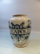 Dutch delft tobacco / Apothecary jar with underglaze blue decorated front. 'Neapoliti' surrounded by